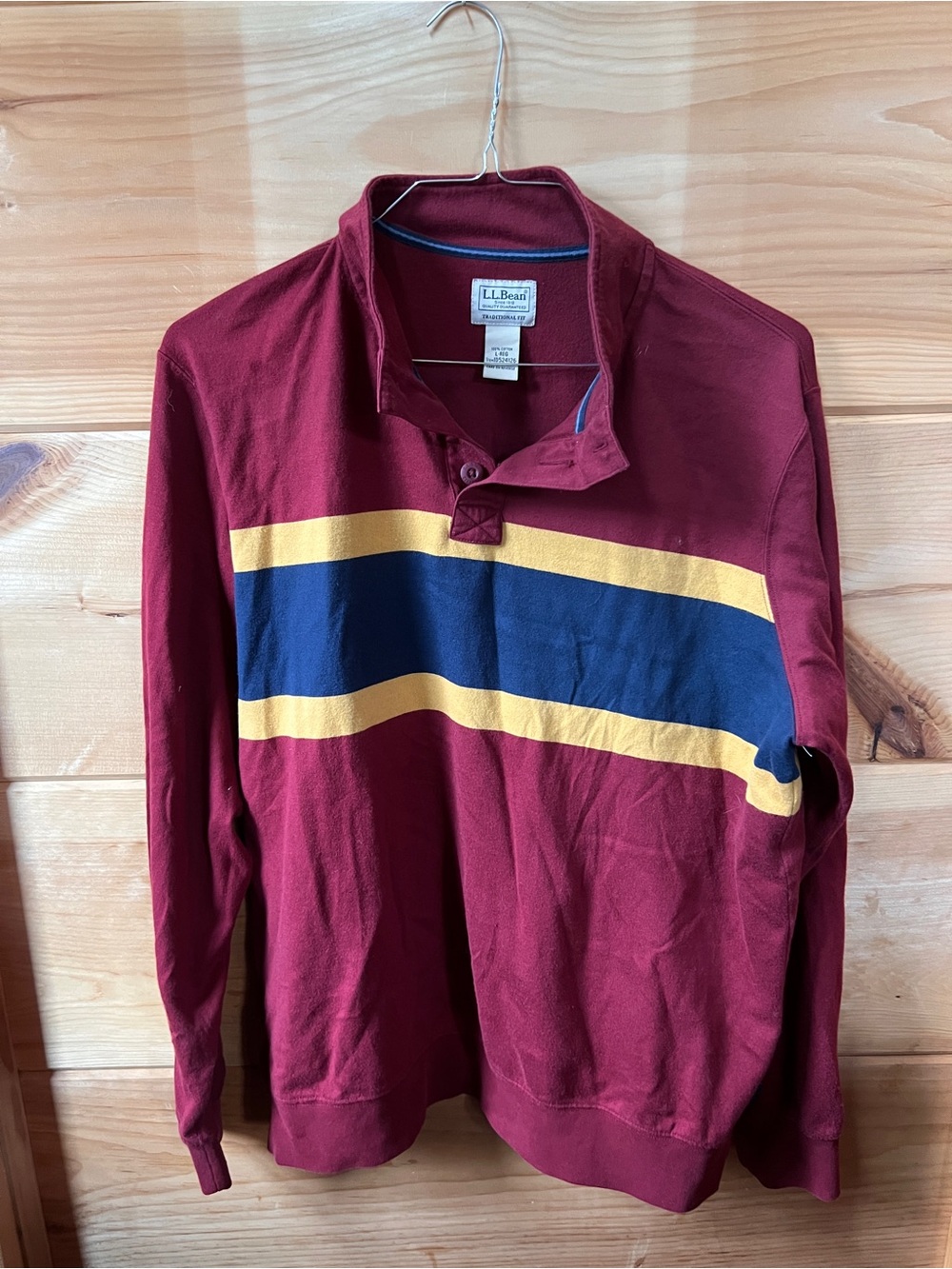 L.L. Bean Men's Maroon Rugby Pullover with Navy and Yellow Stripes